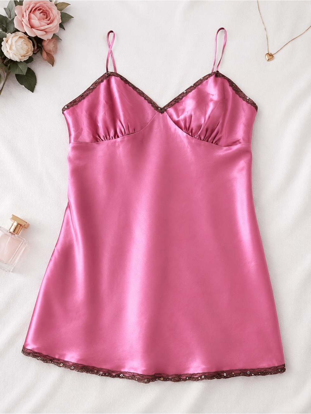Silky Pink Satin Feel Slip Dress | Black Lace & Sequin Trim | Y2K Coquette